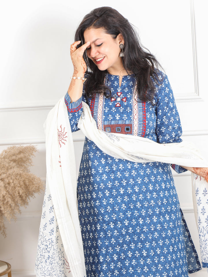 Ghoomar Indigo Blue Kutch Embroidery Neck Work Print Cotton 3 Piece Set-D6