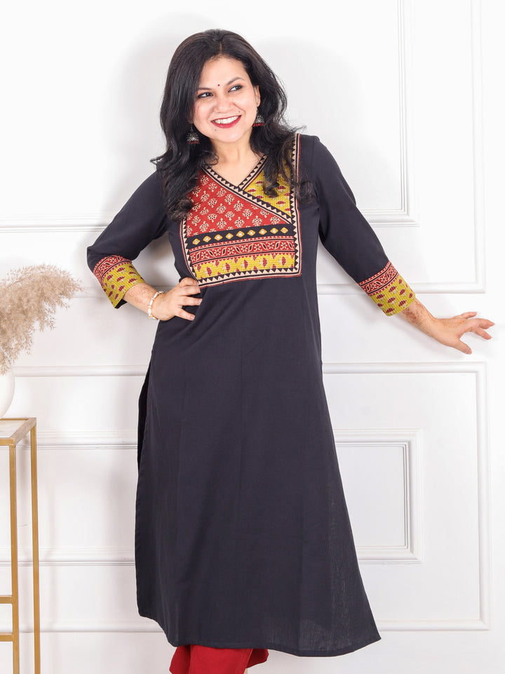 Shaayraana Midnight Black Kutch Fusion Work Angrakha Cotton Flex Kurti-D2