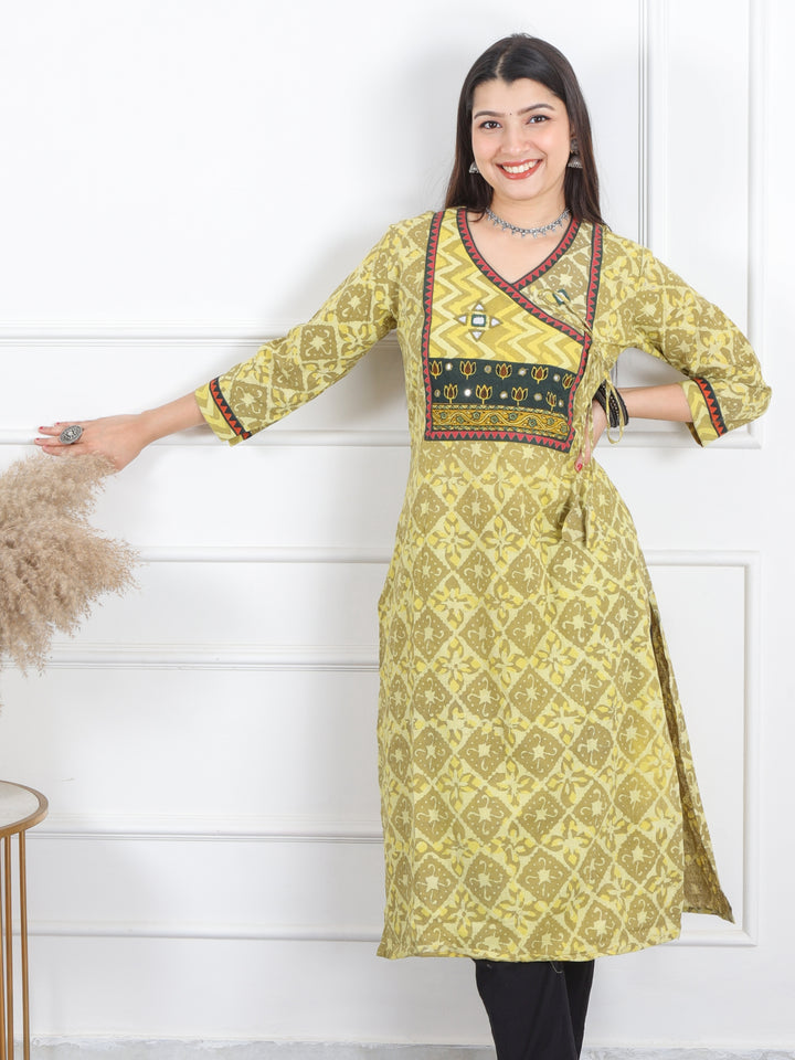 Ghoomar Minty Green Kutch Mirror Neck Work Angrakha Cotton Kurti-D1