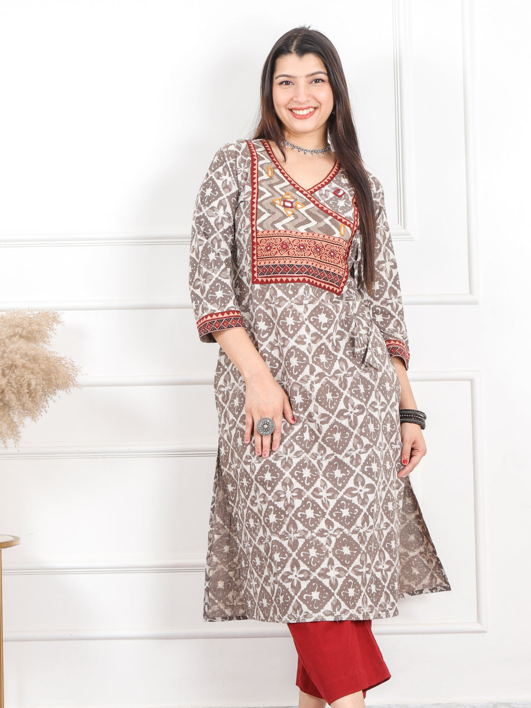 Ghoomar Latte Brown Kutch Mirror Neck Work Angrakha Cotton Kurti-D6