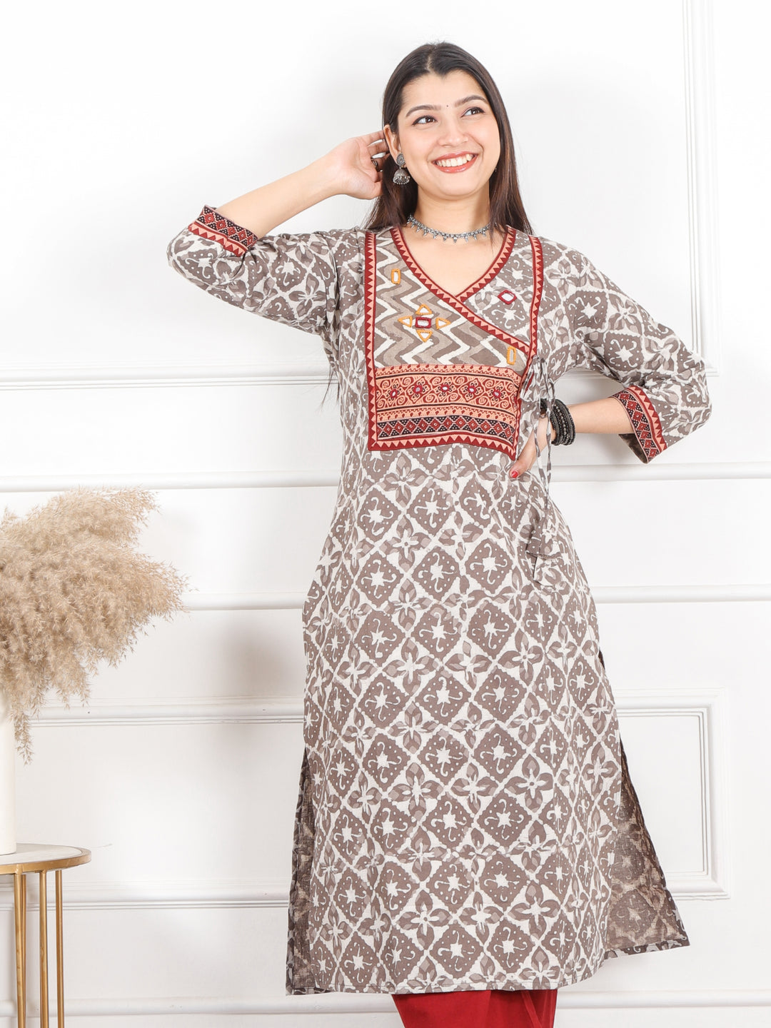 Ghoomar Latte Brown Kutch Mirror Neck Work Angrakha Cotton Kurti-D6