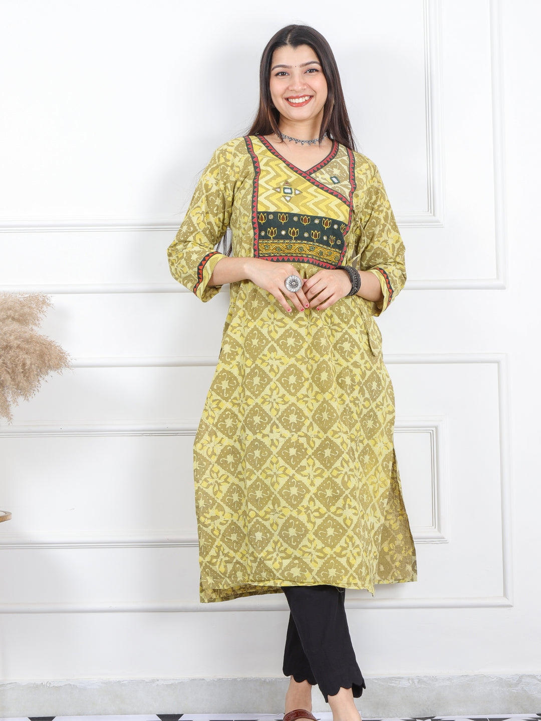 Ghoomar Minty Green Kutch Mirror Neck Work Angrakha Cotton Kurti-D1