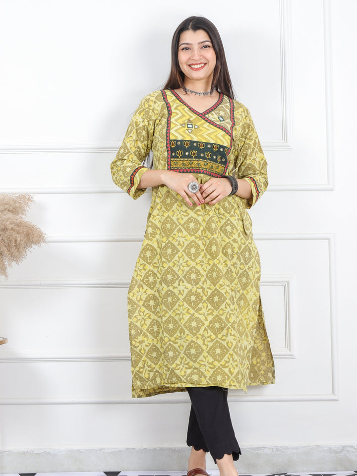 Ghoomar Minty Green Kutch Mirror Neck Work Angrakha Cotton Kurti-D1