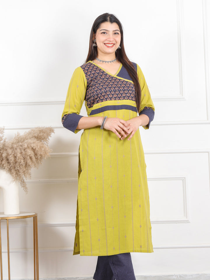 Hanniyaan Minty Yellow Angrakha Neck Work Handloom Cotton Kurti