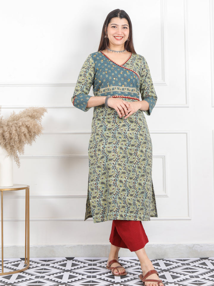 Hanniyaan Carnation Green Angrakha Neck Work Kantha Cotton Kurti