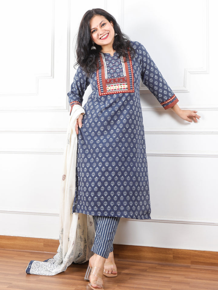 Chaahat BlueBerry Blue Kutch Mirror Neck Work Print Cotton 3 Piece Set