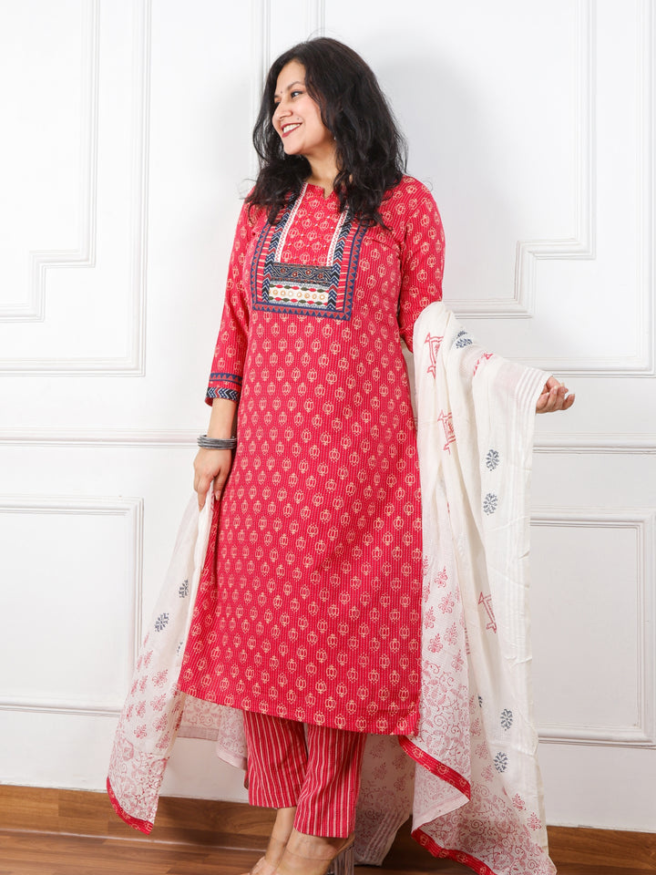 Chaahat Berry Pink Kutch Mirror Neck Work Print Cotton 3 Piece Set