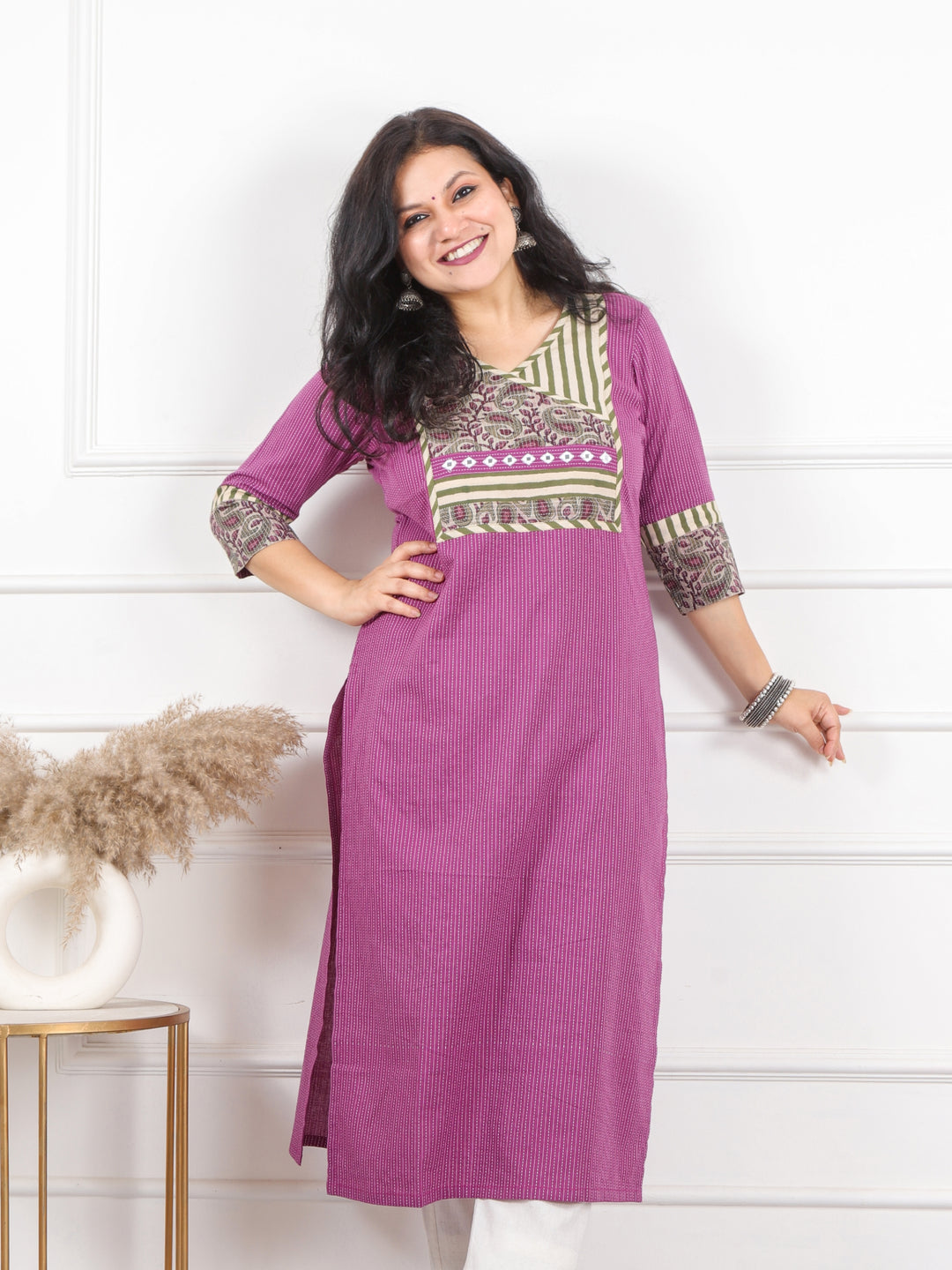 Hanniyaan Eggplant Purple Angrakha Neck Work Kantha Cotton Kurti