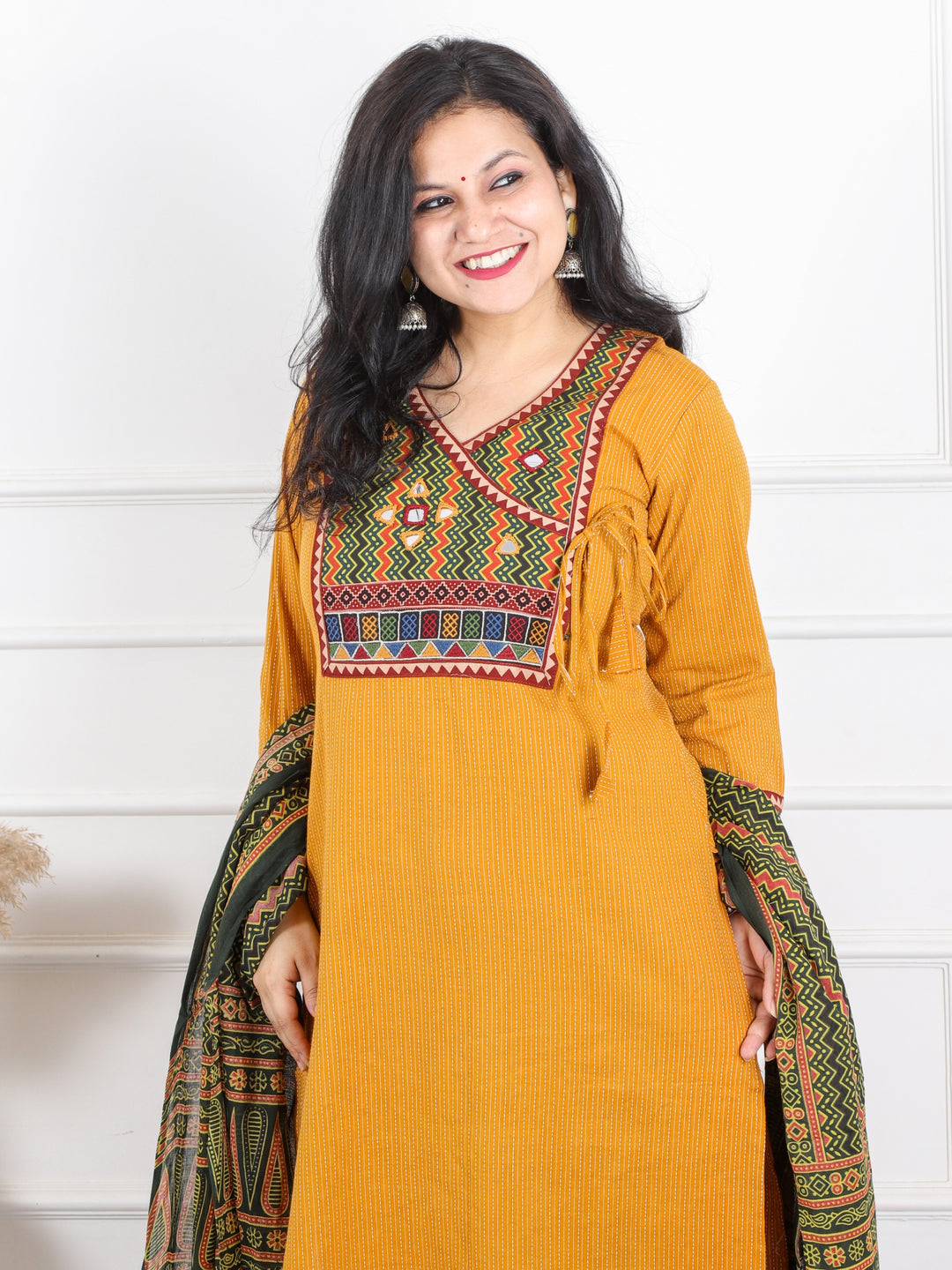 Ghoomar Canary Yellow Running Work With Angrakha Style Cotton 3 Piece Set D3