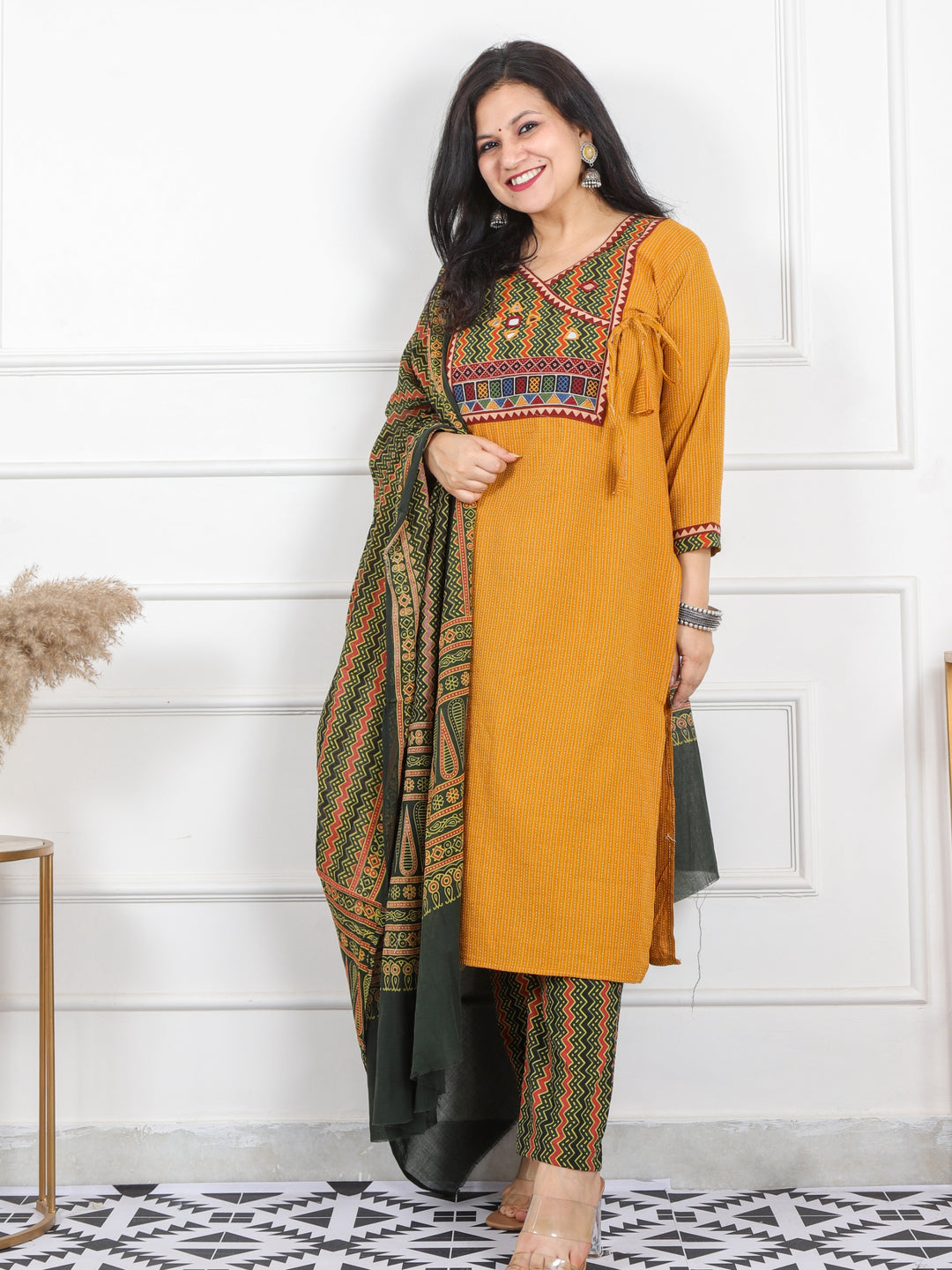Ghoomar Canary Yellow Running Work With Angrakha Style Cotton 3 Piece Set D3