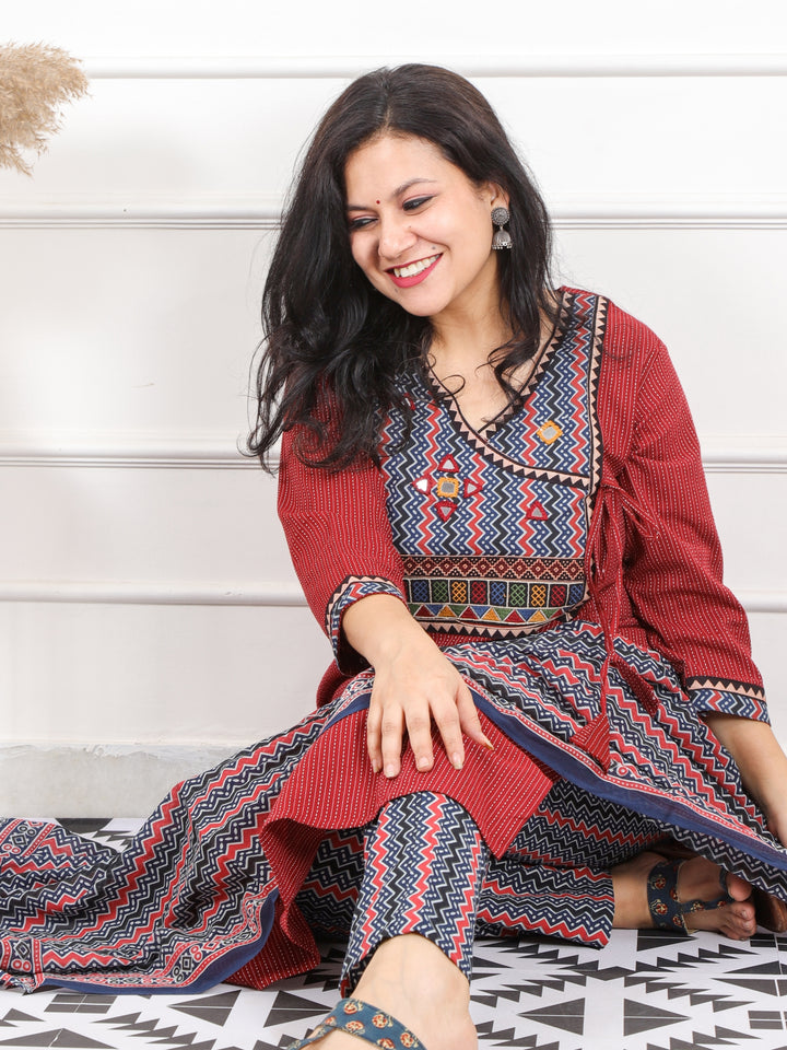 Ghoomar Apple Red Running Work With Angrakha Style Cotton 3 Piece Set D2
