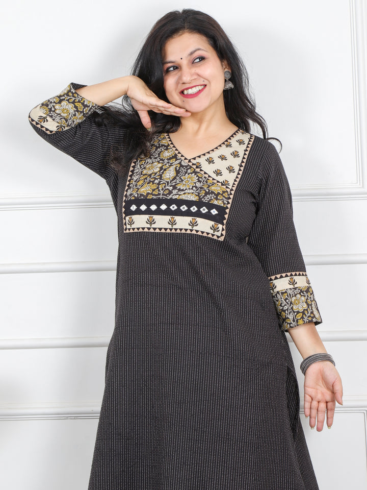 Hanniyaan Shadow Black Angrakha Neck Work Kutch Kantha Cotton Kurti