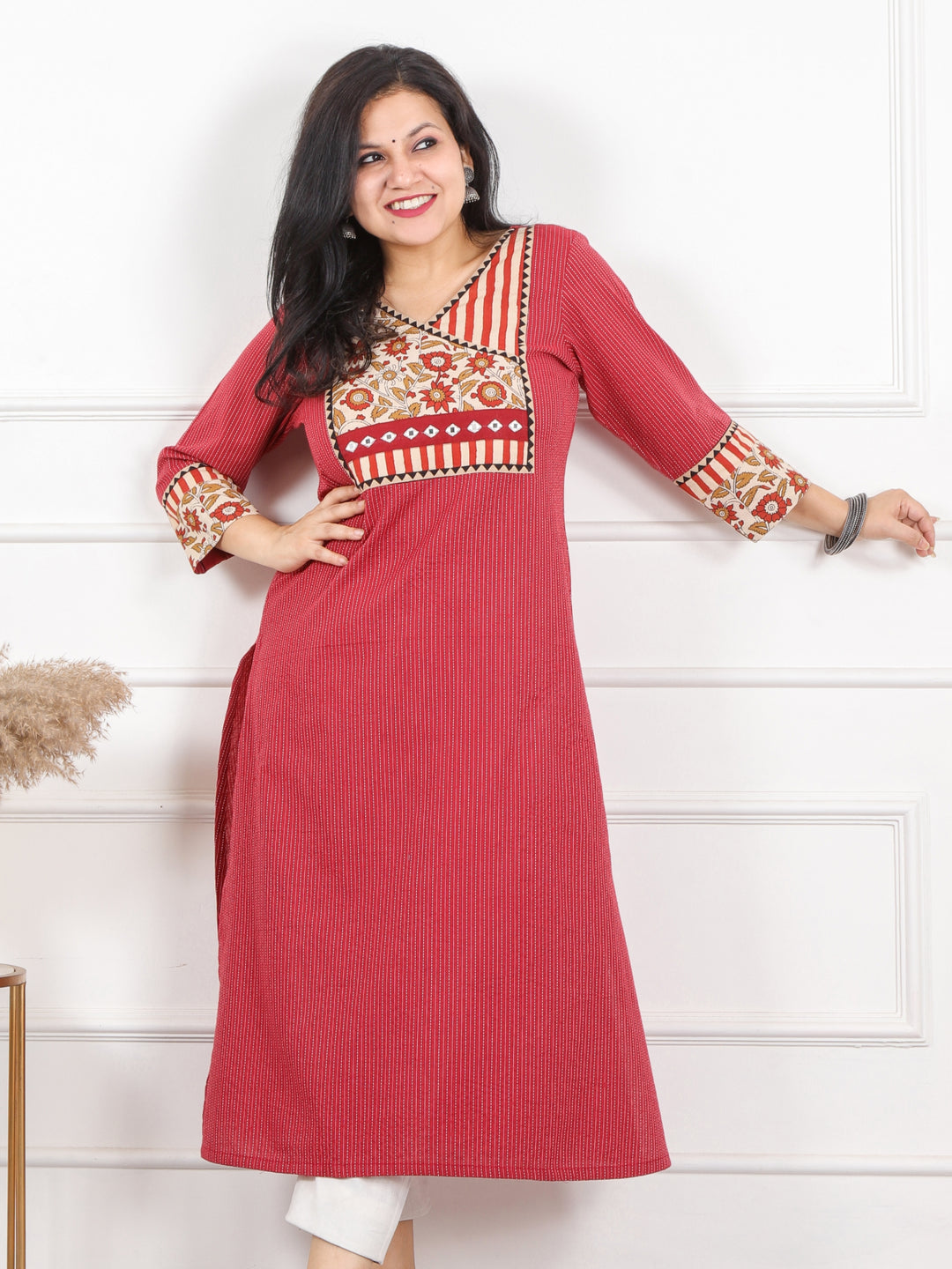 Hanniyaan Ruby Red Angrakha Neck Work Kutch Kantha Cotton -D2