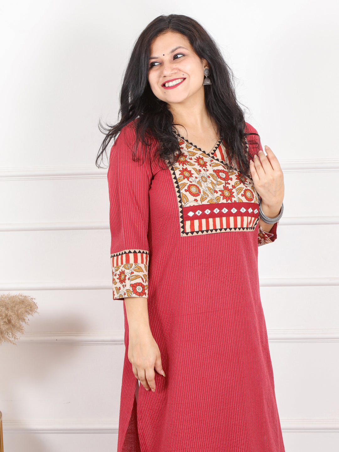 Hanniyaan Ruby Red Angrakha Neck Work Kutch Kantha Cotton -D2