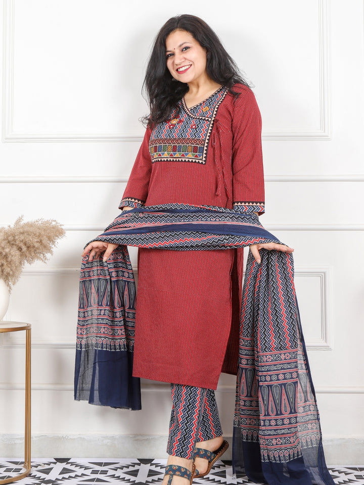 Ghoomar Apple Red Running Work With Angrakha Style Cotton 3 Piece Set D2