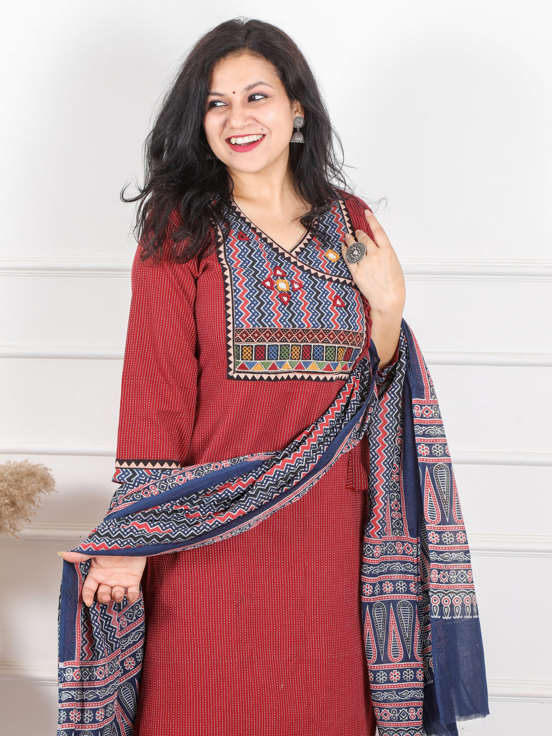 Ghoomar Apple Red Running Work With Angrakha Style Cotton 3 Piece Set D2