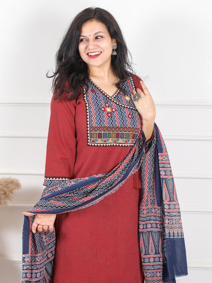 Ghoomar Apple Red Running Work With Angrakha Style Cotton 3 Piece Set D2