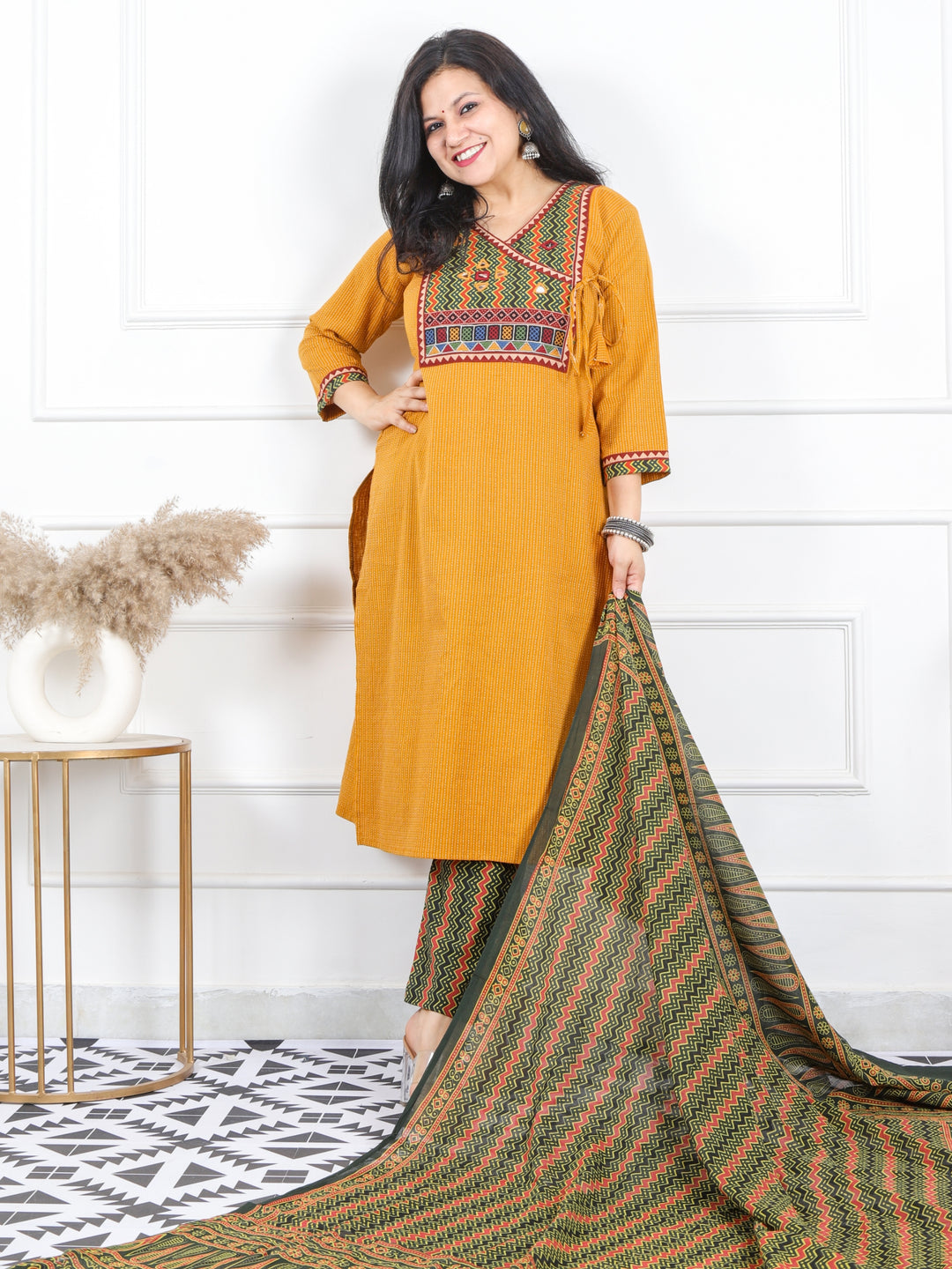 Ghoomar Canary Yellow Running Work With Angrakha Style Cotton 3 Piece Set D3