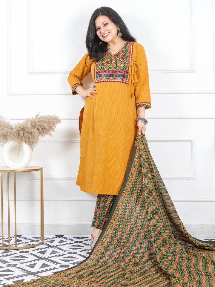 Ghoomar Canary Yellow Running Work With Angrakha Style Cotton 3 Piece Set D3