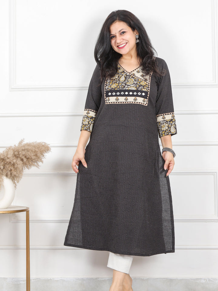 Hanniyaan Shadow Black Angrakha Neck Work Kutch Kantha Cotton Kurti