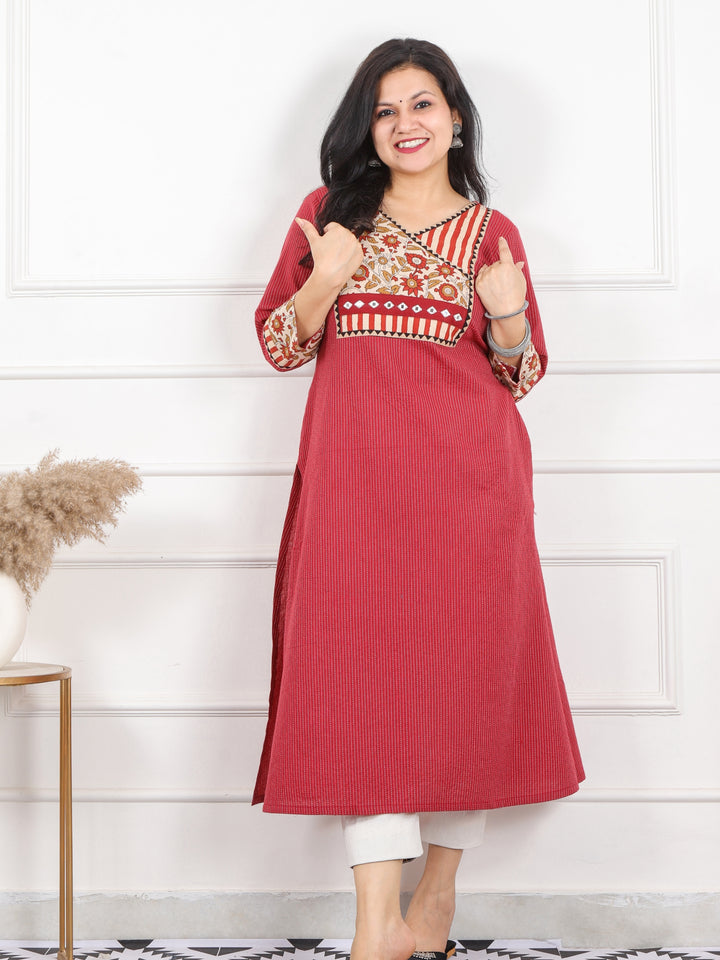 Hanniyaan Ruby Red Angrakha Neck Work Kutch Kantha Cotton -D2