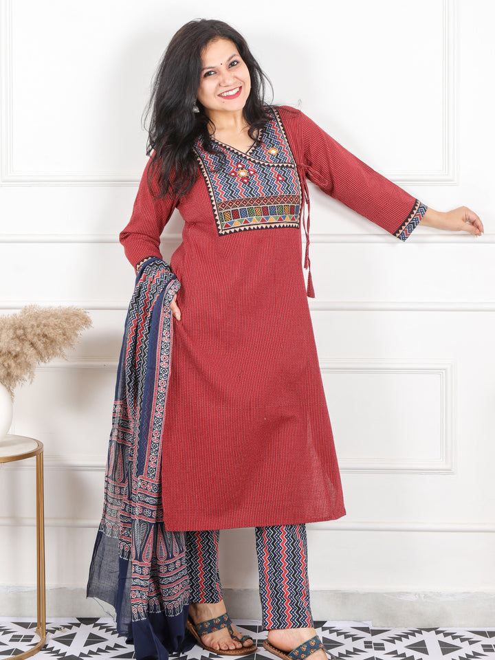 Ghoomar Apple Red Running Work With Angrakha Style Cotton 3 Piece Set D2