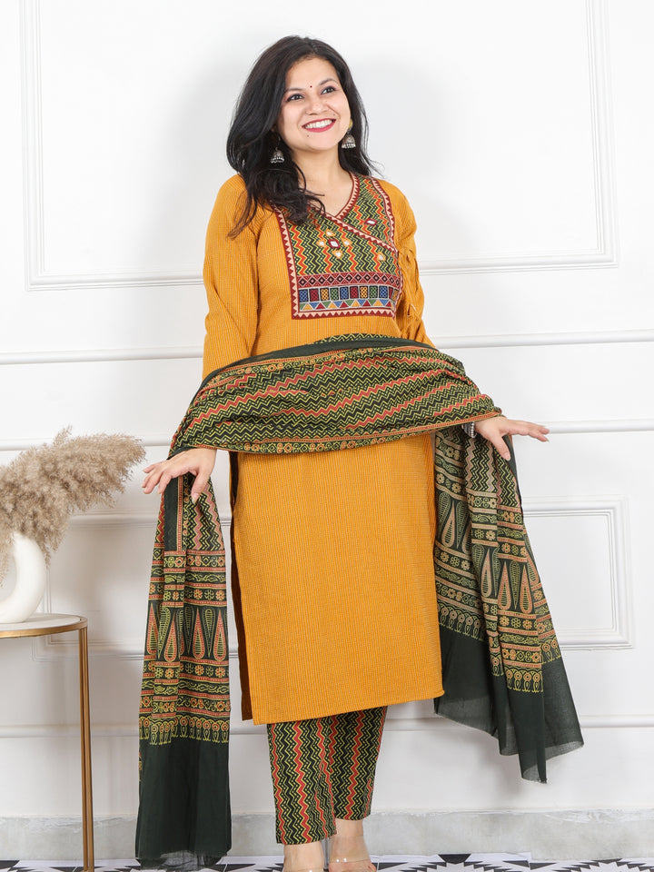 Ghoomar Canary Yellow Running Work With Angrakha Style Cotton 3 Piece Set D3