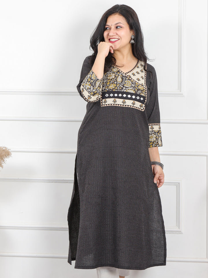 Hanniyaan Shadow Black Angrakha Neck Work Kutch Kantha Cotton Kurti