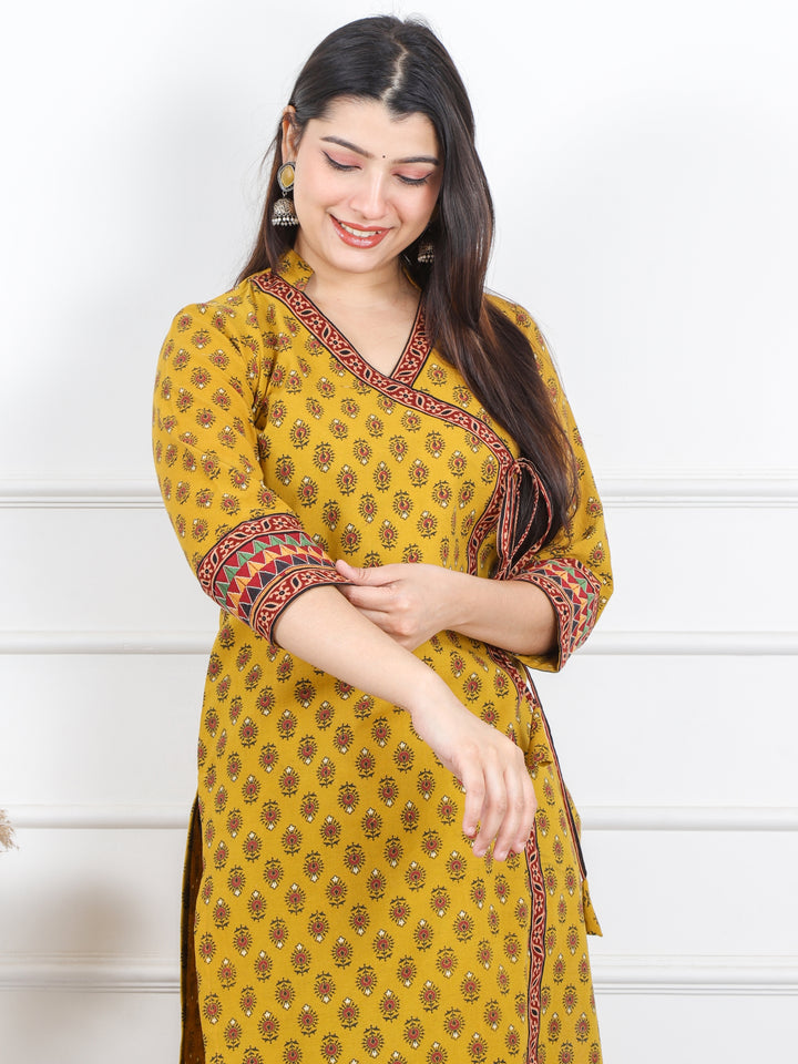 Shaayraana Dijon Yellow Kutch Fusion Work Angrakha Style Cotton Kurti