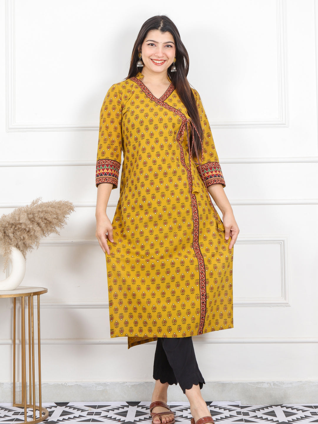 Shaayraana Dijon Yellow Kutch Fusion Work Angrakha Style Cotton Kurti