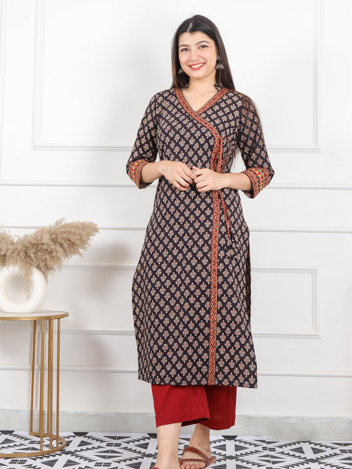 Shaayraana Shadow Black Kutch Fusion Work Angrakha Style Cotton Kurti