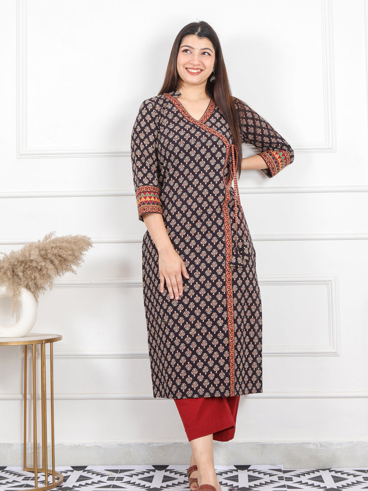 Shaayraana Shadow Black Kutch Fusion Work Angrakha Style Cotton Kurti