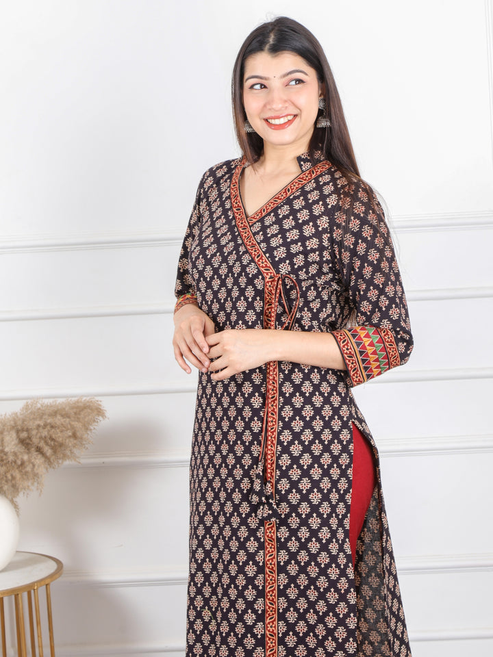 Shaayraana Shadow Black Kutch Fusion Work Angrakha Style Cotton Kurti