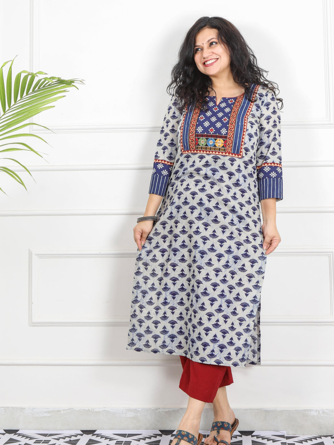 Ruhaniyaat Indigo Blue Dabu Print Mirror Kutch Work Cotton Kurti-D1