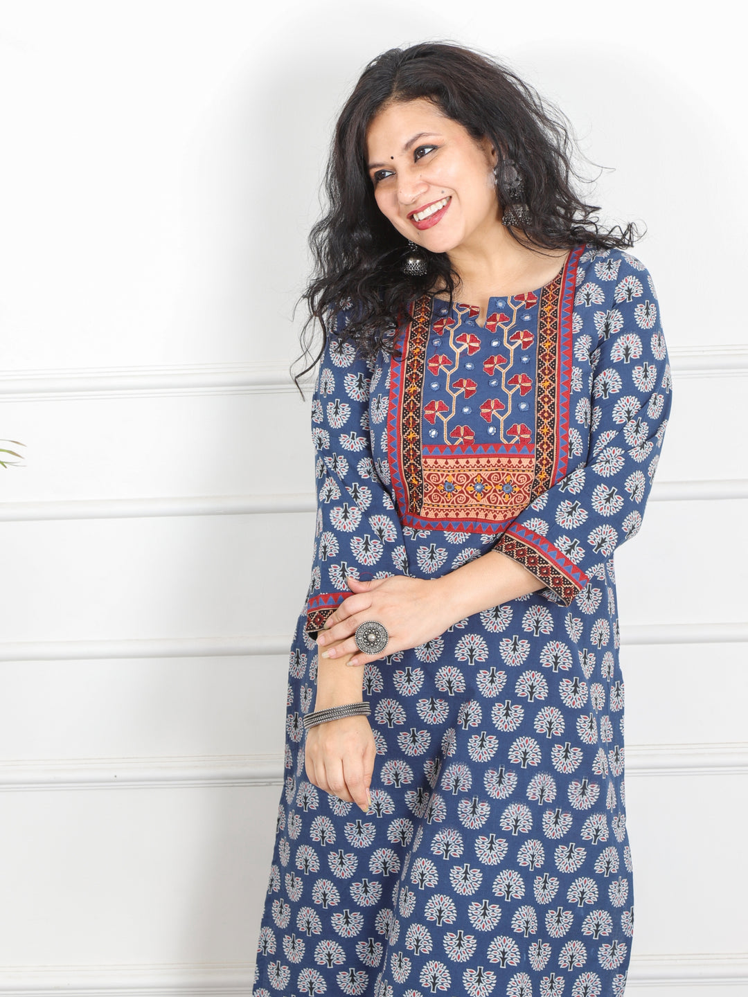 Ghoomer Denim Blue Kutch Neck Style Work Print Cotton Kurti-D9
