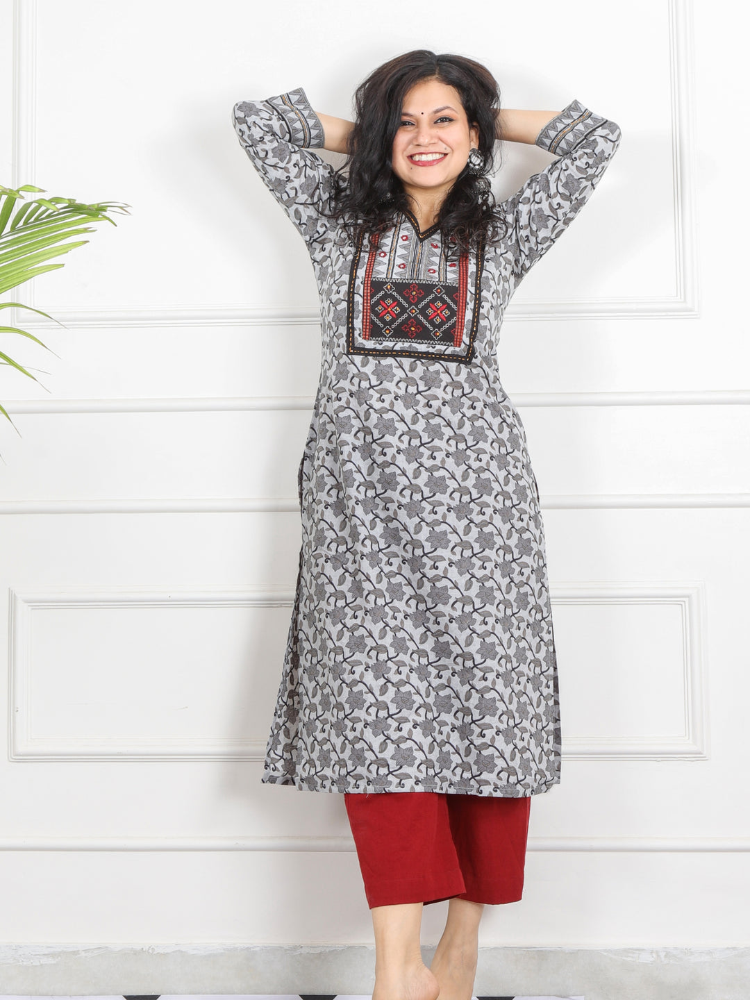 Ghoomar Pearl Grey Kutch Work Ajrak Printed Cotton Kurti-D3