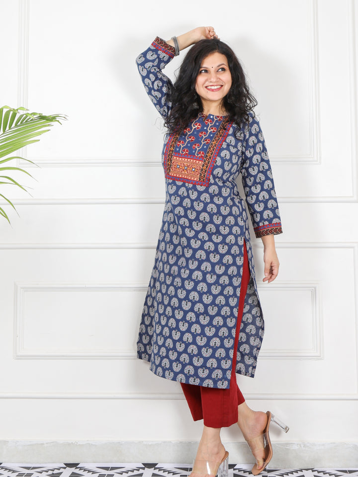 Ghoomer Denim Blue Kutch Neck Style Work Print Cotton Kurti-D9