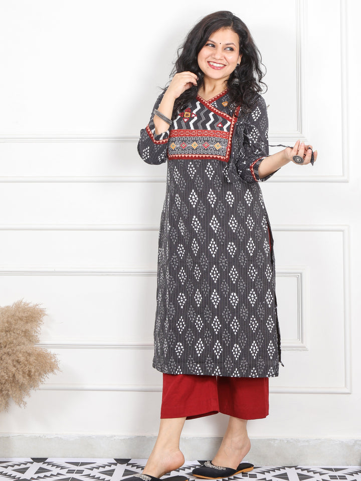 Ghoomar Night Black Kutch Work Angrakha Style Printed Cotton Kurti-D1