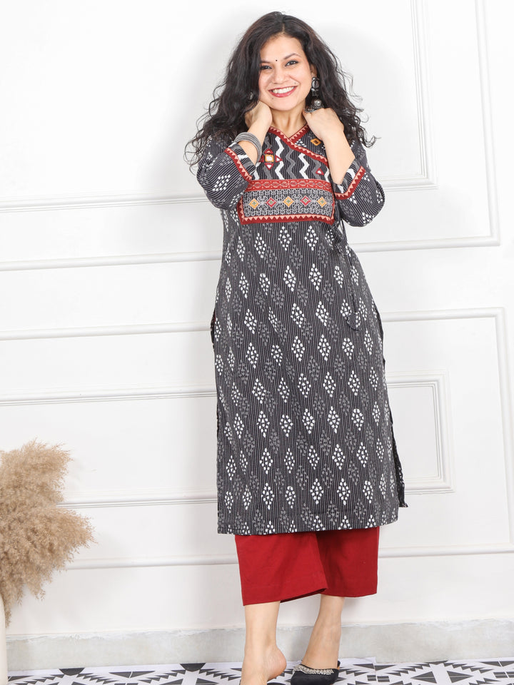 Ghoomar Night Black Kutch Work Angrakha Style Printed Cotton Kurti-D1