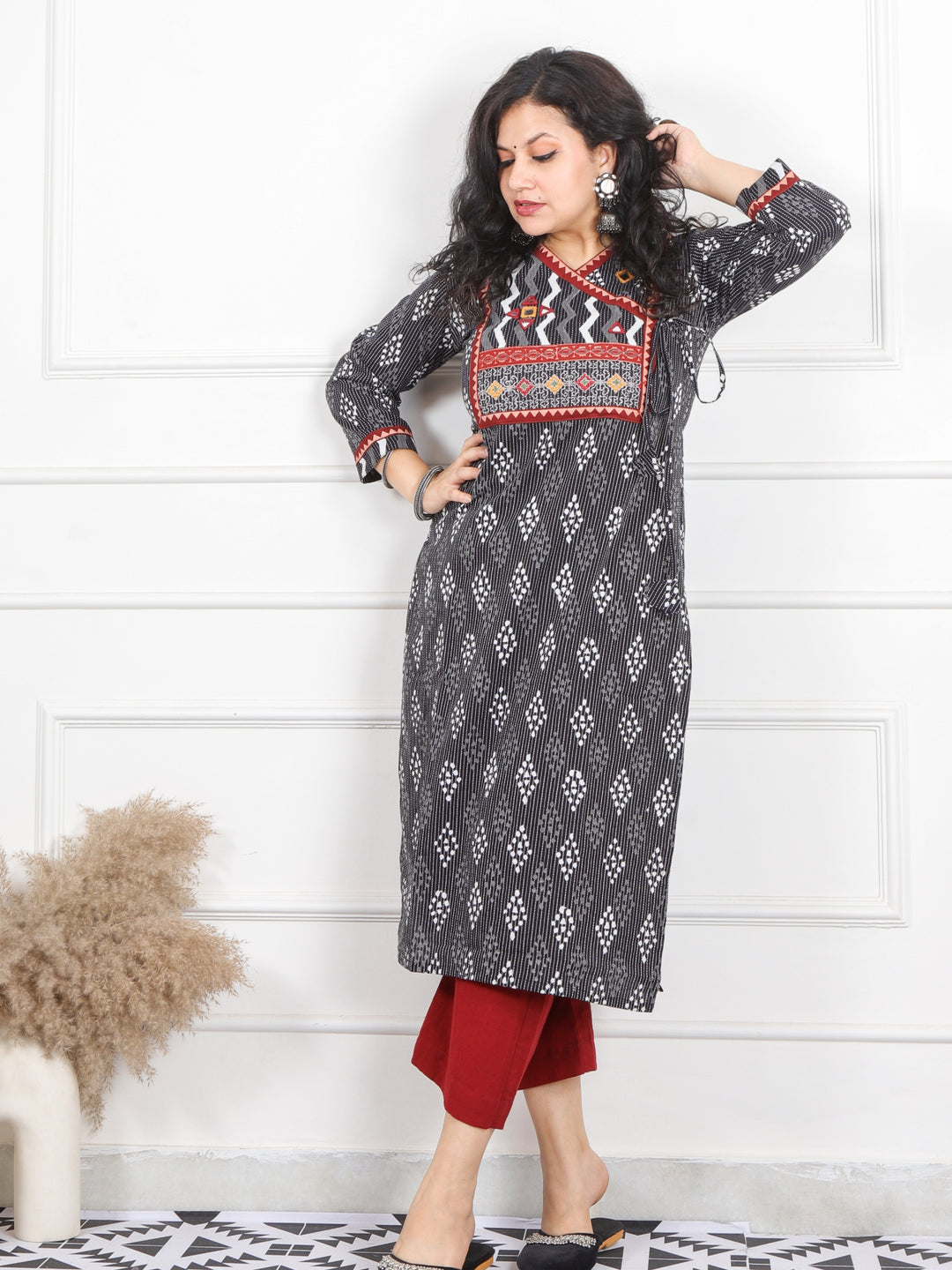 Ghoomar Night Black Kutch Work Angrakha Style Printed Cotton Kurti-D1