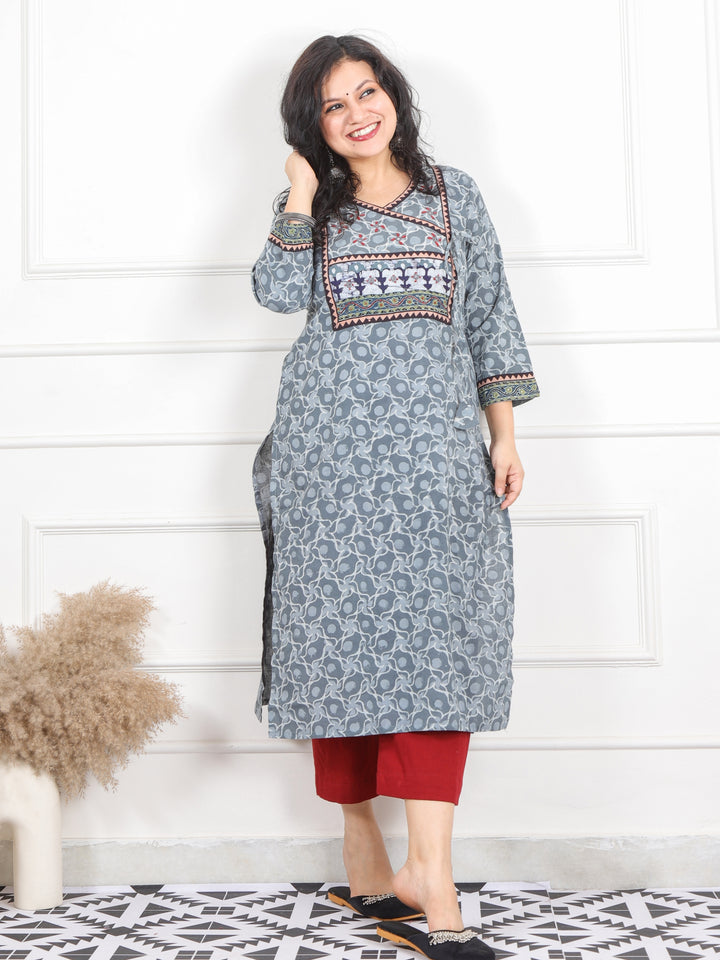 Ghoomar Sage Green Kutch Work  Printed Angrakha Style Cotton Kurti-D1