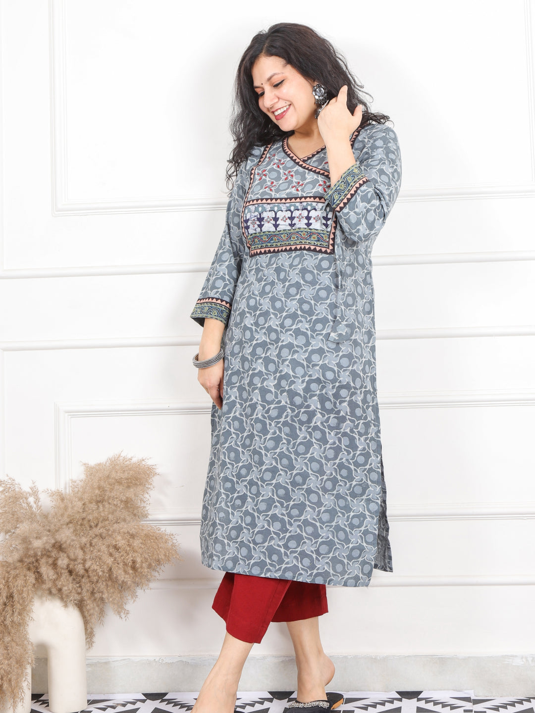 Ghoomar Sage Green Kutch Work  Printed Angrakha Style Cotton Kurti-D1