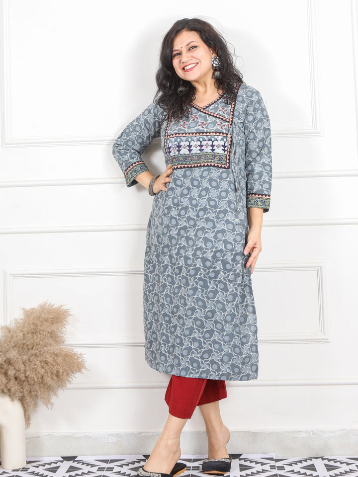 Ghoomar Sage Green Kutch Work  Printed Angrakha Style Cotton Kurti-D1