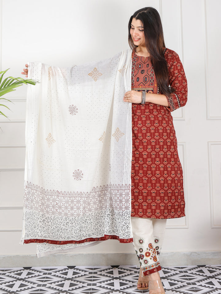Chaahat Barn Red Kutch Mirror Neck Work Print Cotton 3 Piece Set-D9