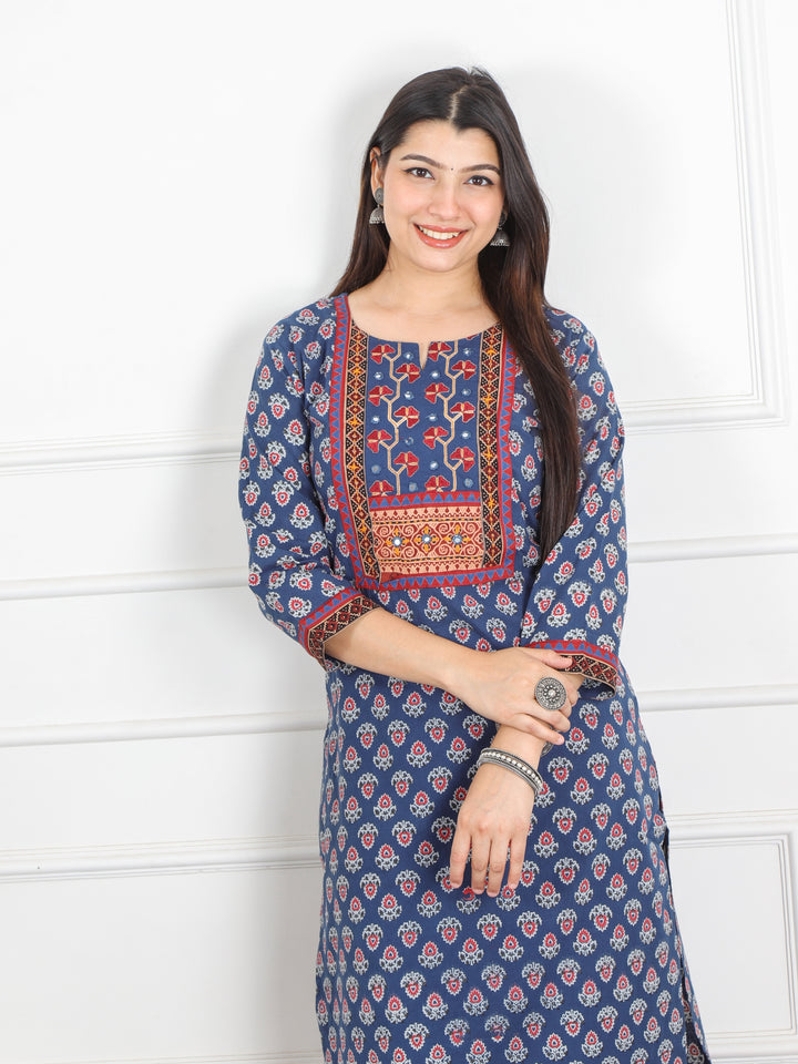 Ghoomer Denim Blue Kutch Neck Work Print Cotton Kurti-D10
