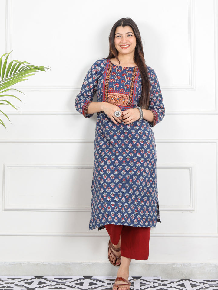 Ghoomer Denim Blue Kutch Neck Work Print Cotton Kurti-D10
