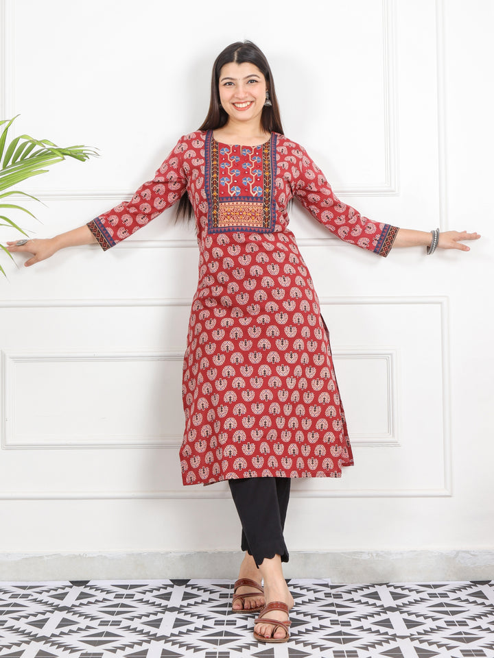 Ghoomer Apple Red Kutch Neck Style Work Print Cotton Kurti-D9