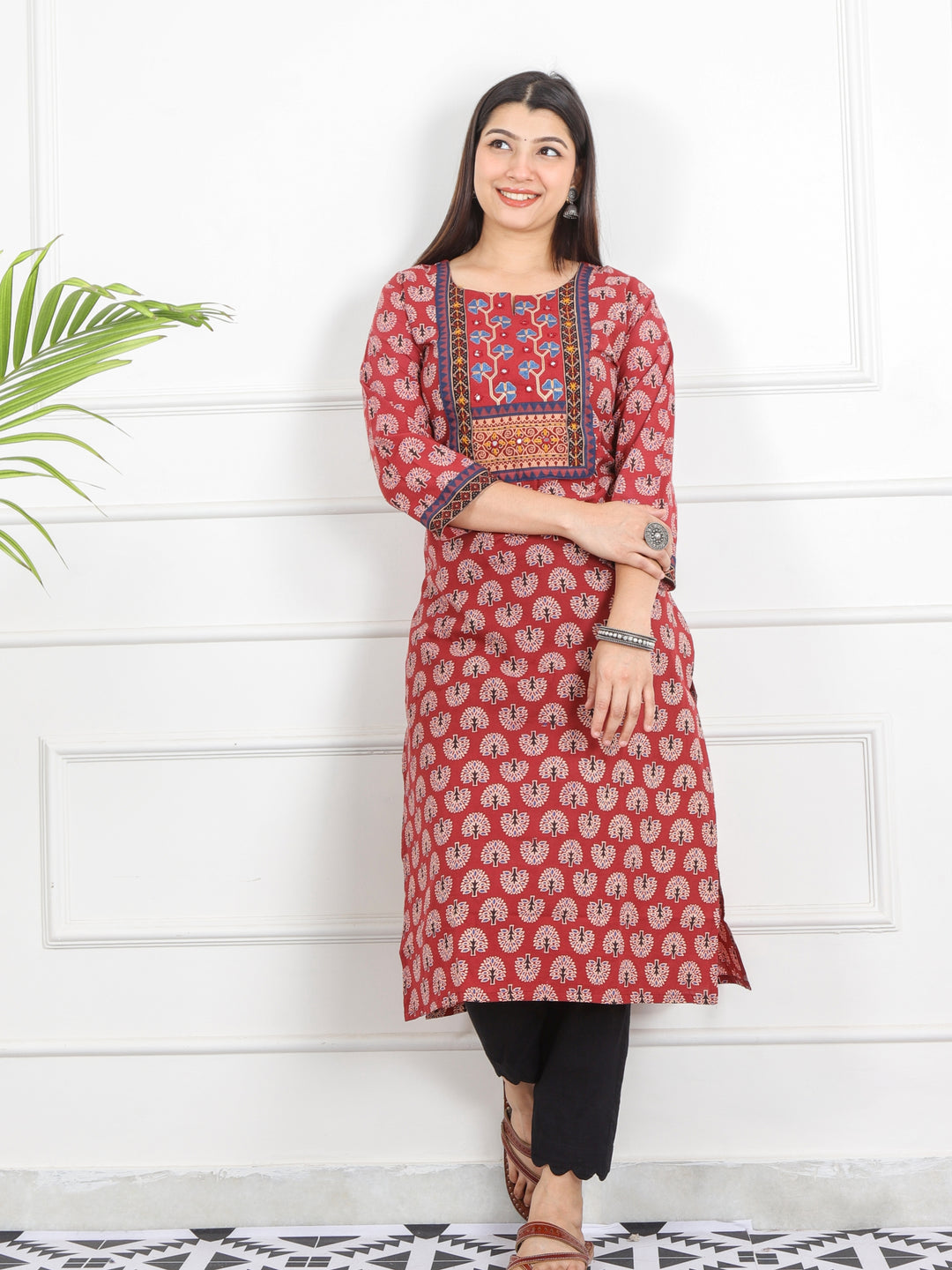 Ghoomer Apple Red Kutch Neck Style Work Print Cotton Kurti-D9