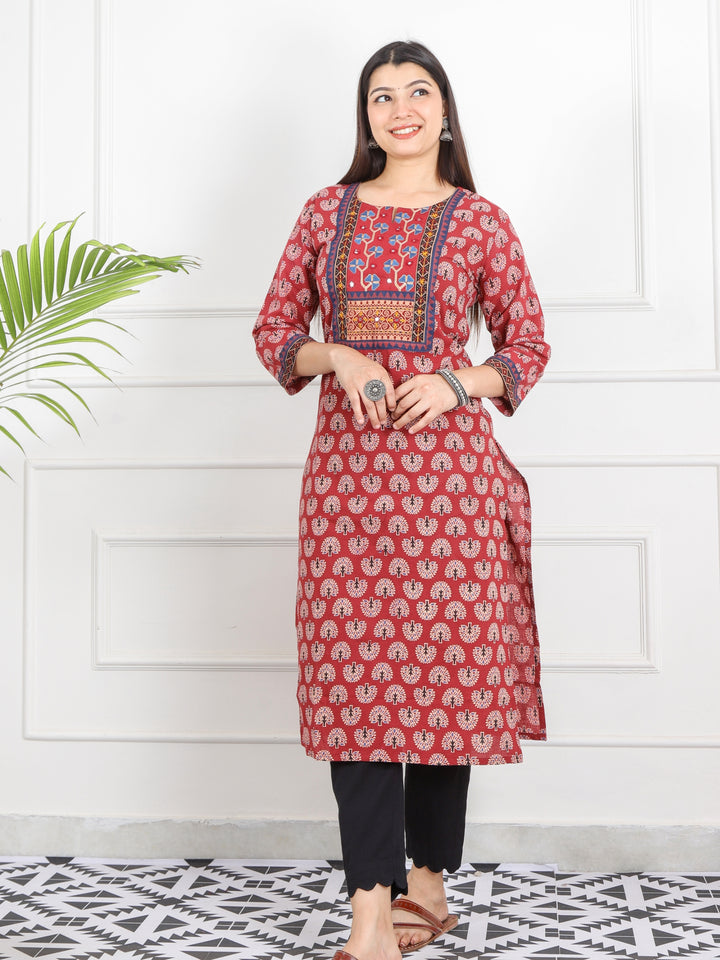 Ghoomer Apple Red Kutch Neck Style Work Print Cotton Kurti-D9