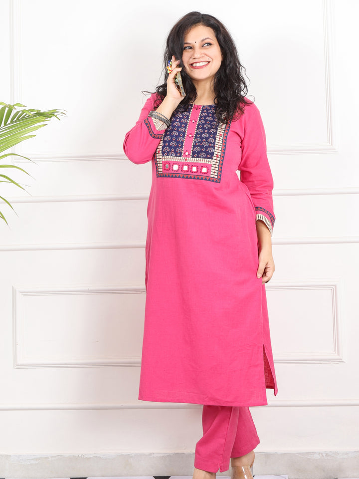 Raanjhaan Barbie Pink Kutch Neck Mirror Work Cotton 2 Piece Set